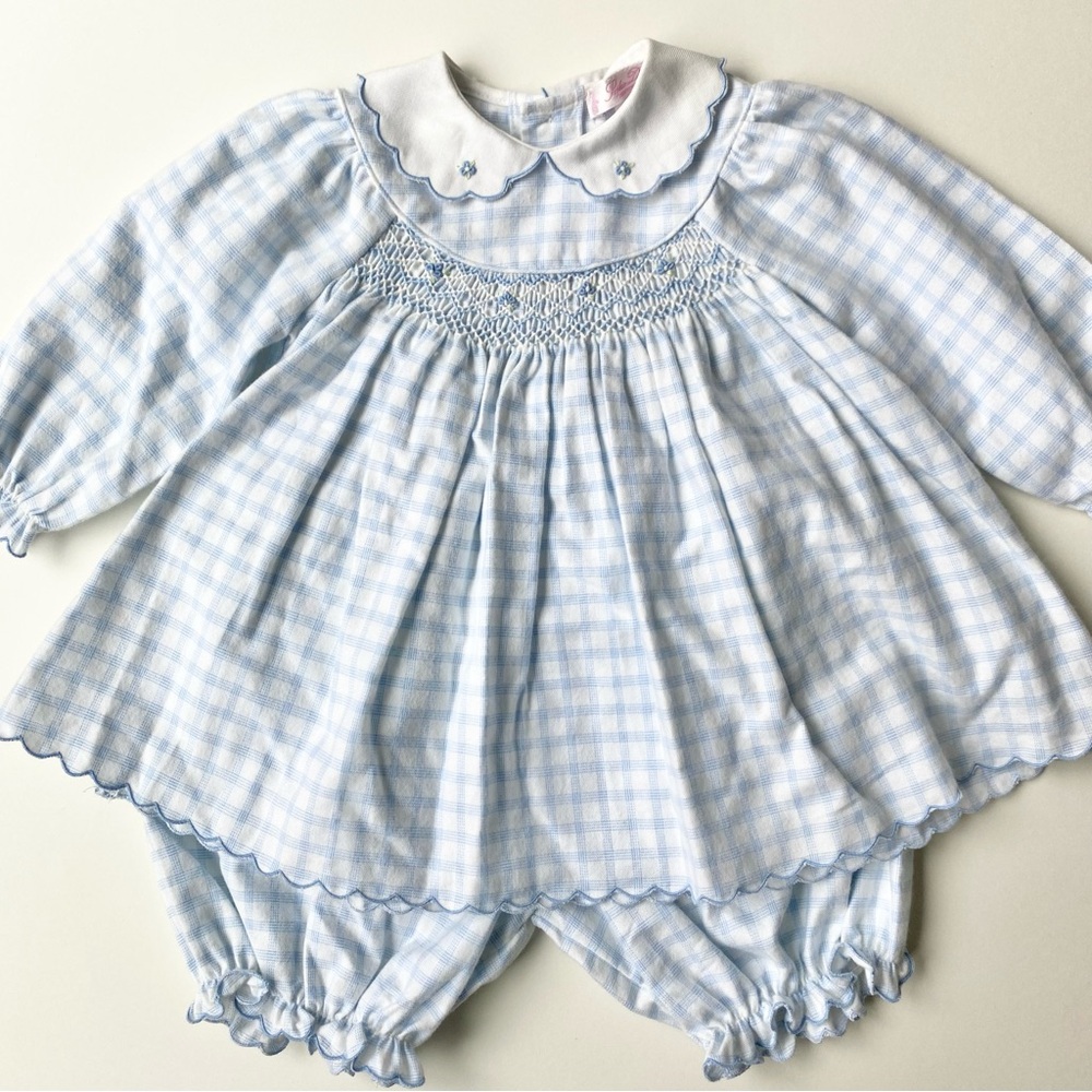 Sophie Dess Vintage Creations Paris Blue Gingham Baby Outfit Size 6 M